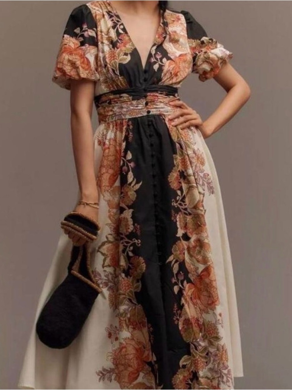 Anthropologie Floral V-Neck Puff Sleeve Midi Dress in Black and Cream